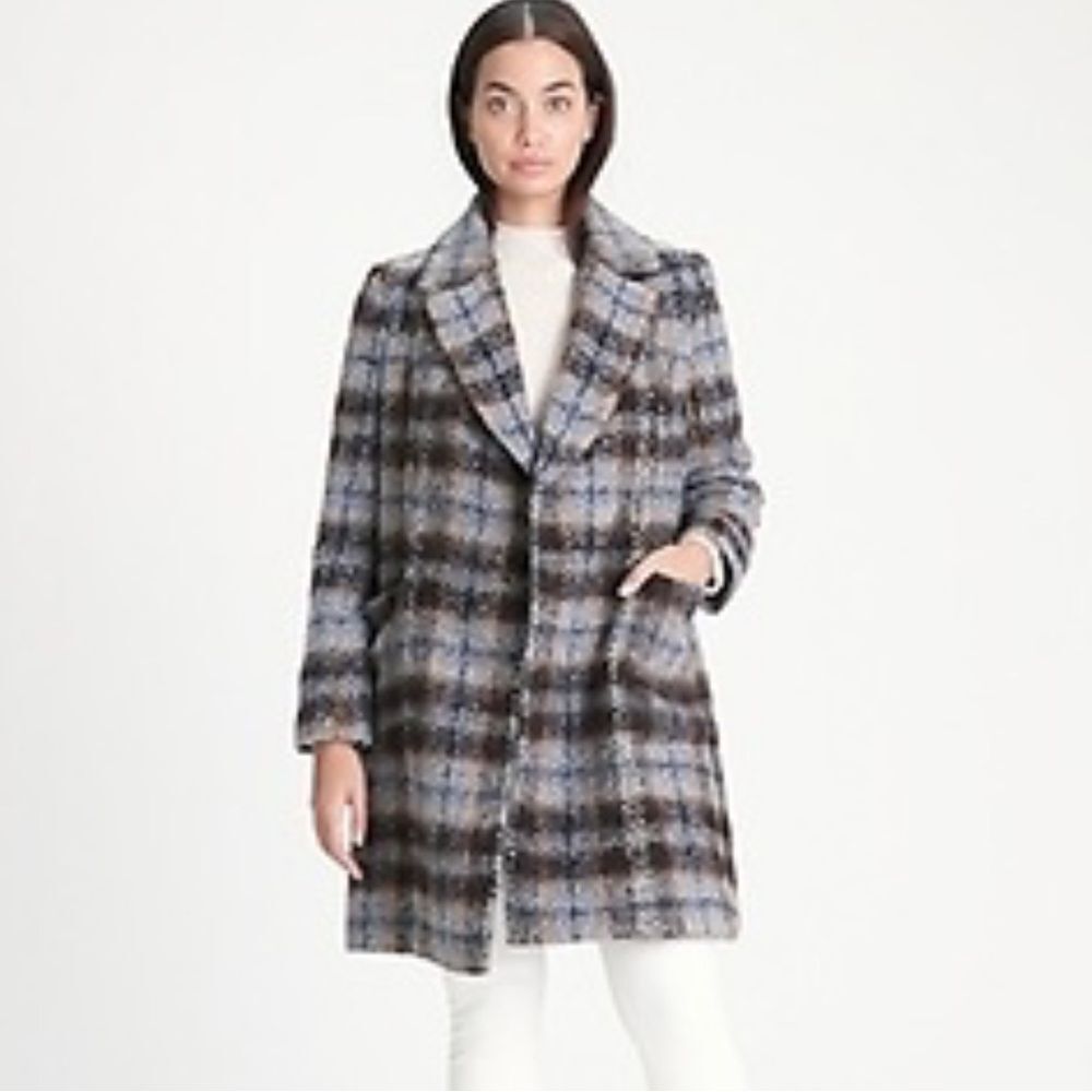 Banana Republic Italian Plaid Blue Brown Wool Blend Topcoat | L - Picture 3 of 10
